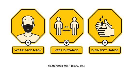 Vector yellow sign with icons and text: Wear face mask. Keep Distance. Disinfect your hands. Character with face mask. Isolated on white background.
