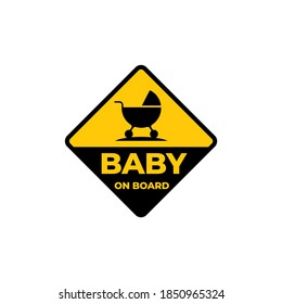 Vektor-gelbes Schild mit Silhouettenstwalze und Text - Baby an Bord. Einziger weißer Hintergrund.