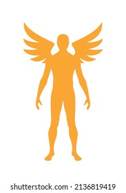 Vector yellow silhouette of a male angel figure. Isolated on white background.