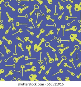 Vector Yellow Silhouettes of Key Isolated on Blue Background. Seamless Gold Keys Pattern