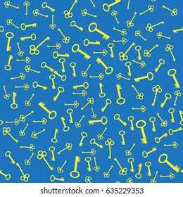 Vector Yellow Silhouettes of Key Isolated on Blue Background. Seamless Gold Keys Pattern