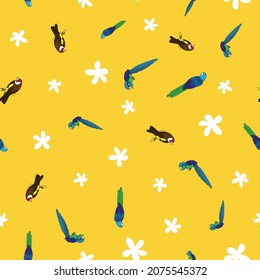 Vector Yellow small Tropical birds with flowers seamless background pattern