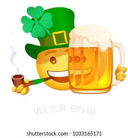 Vector yellow smiley holds a smoking pipe and hides behind the mug of beer. Cheerful emoticon look out from behind a glass of golden ale. Emoji in the green top hat useful for Saint Patrick's Day.