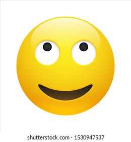 Vector yellow smiling dreaming emoticon with opened eyes and mouth on white background. Glossy funny cartoon Emoji icon. 3D illustration for chat or message.