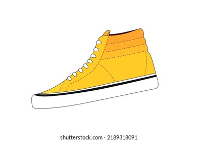 Vector yellow sneakers isolated on white background. Vintage orange high top sneaker icon. Modern urban shoes illustration. Flat sport style footwear. Skaters shoes logo. Yellow shoe, white sole