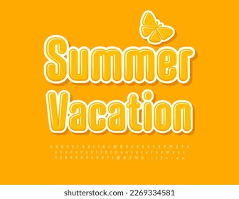 Vector yellow Sogn Summer Vacation. Creative Glossy Font. Trendy Alphabet Letters, Numbers and Symbols.