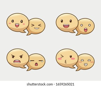 Vector yellow speech bubble icons with emotions. Cute simple faces for chat with anime reactions