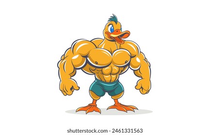 Vector amarillo de los deportes de dibujos animados potente fuerte pato culturista con enormes músculos y el uso de pantalones cortos verdes. Fondo blanco aislado.