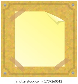 Vector Yellow Square Paper. Brown Cork Board Texture. Wood Pattern. Empty Notice Billboard. Office Banner.