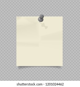 Vector yellow square paper with pin on transparent background.