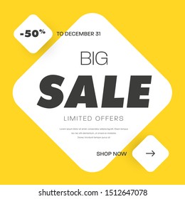 Vector yellow square shape banner with rounded rhombus, arrow button and 50% discount. Email newsletter design. Template for mobile application and social media.