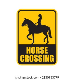 Vector yellow square sign with text: Horse crossing. Silhouette of a horse with woman. Isolated on white background.