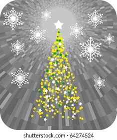 Vector yellow star Christmas tree with grey shine snowflake background