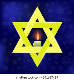 Vector Yellow Star of David and Burning Candles Isolated on Blue Snowflakes Background