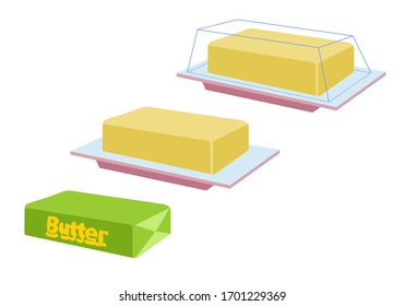Vector yellow stick butter isolated background  Slices margarine spread  fatty natural dairy product  High  calorie food for cooking   eating  Butter in various types  flat design