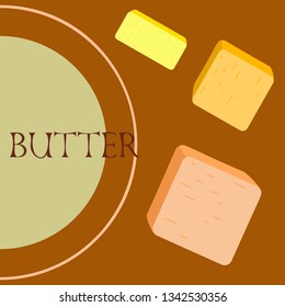 Vector yellow stick of butter. Slices of margarine or spread, fatty natural dairy product. High-calorie food for cooking and eating.