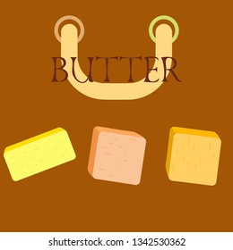 Vector yellow stick of butter. Slices of margarine or spread, fatty natural dairy product. High-calorie food for cooking and eating.