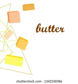 Vector yellow stick of butter. Slices of margarine or spread, fatty natural dairy product. High-calorie food for cooking and eating.