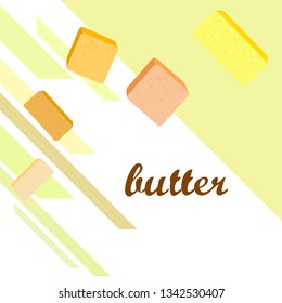 Vector yellow stick of butter. Slices of margarine or spread, fatty natural dairy product. High-calorie food for cooking and eating.
