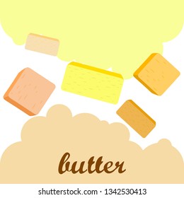 Vector yellow stick of butter. Slices of margarine or spread, fatty natural dairy product. High-calorie food for cooking and eating.