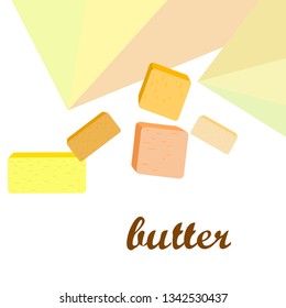 Vector yellow stick of butter. Slices of margarine or spread, fatty natural dairy product. High-calorie food for cooking and eating.
