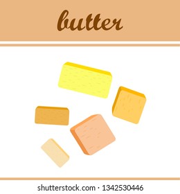 Vector yellow stick of butter. Slices of margarine or spread, fatty natural dairy product. High-calorie food for cooking and eating.
