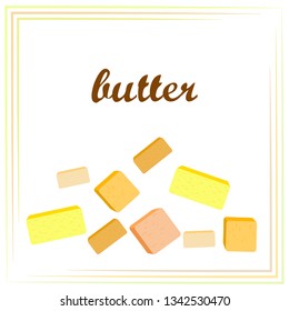 Vector yellow stick of butter. Slices of margarine or spread, fatty natural dairy product. High-calorie food for cooking and eating.