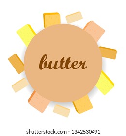 Vector yellow stick of butter. Slices of margarine or spread, fatty natural dairy product. High-calorie food for cooking and eating.