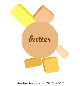 Vector yellow stick of butter. Slices of margarine or spread, fatty natural dairy product. High-calorie food for cooking and eating.