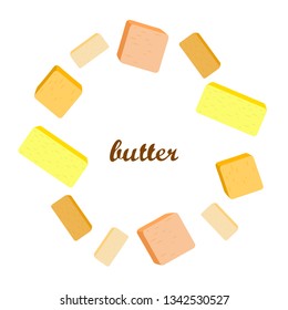 Vector yellow stick of butter. Slices of margarine or spread, fatty natural dairy product. High-calorie food for cooking and eating.