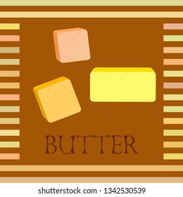 Vector yellow stick of butter. Slices of margarine or spread, fatty natural dairy product. High-calorie food for cooking and eating.