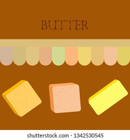 Vector yellow stick of butter. Slices of margarine or spread, fatty natural dairy product. High-calorie food for cooking and eating.