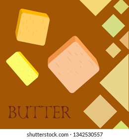 Vector yellow stick of butter. Slices of margarine or spread, fatty natural dairy product. High-calorie food for cooking and eating.
