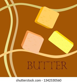 Vector yellow stick of butter. Slices of margarine or spread, fatty natural dairy product. High-calorie food for cooking and eating.