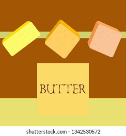 Vector yellow stick of butter. Slices of margarine or spread, fatty natural dairy product. High-calorie food for cooking and eating.
