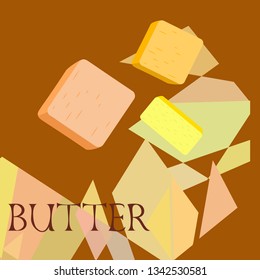 Vector yellow stick of butter. Slices of margarine or spread, fatty natural dairy product. High-calorie food for cooking and eating.