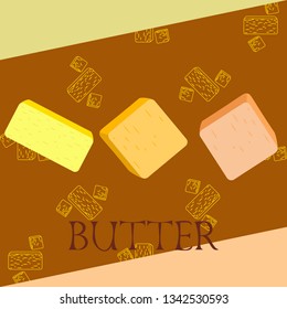 Vector yellow stick of butter. Slices of margarine or spread, fatty natural dairy product. High-calorie food for cooking and eating.
