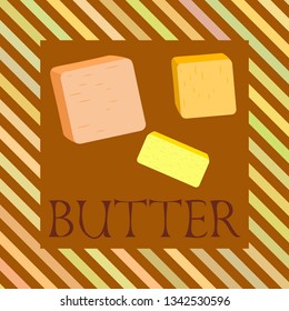 Vector yellow stick of butter. Slices of margarine or spread, fatty natural dairy product. High-calorie food for cooking and eating.
