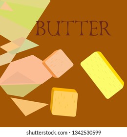 Vector yellow stick of butter. Slices of margarine or spread, fatty natural dairy product. High-calorie food for cooking and eating.