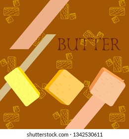 Vector yellow stick of butter. Slices of margarine or spread, fatty natural dairy product. High-calorie food for cooking and eating.