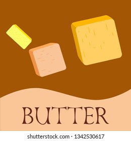 Vector yellow stick of butter. Slices of margarine or spread, fatty natural dairy product. High-calorie food for cooking and eating.