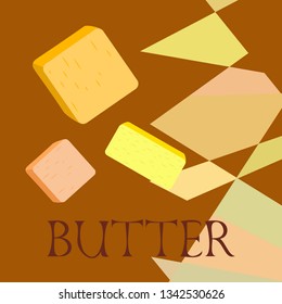 Vector yellow stick of butter. Slices of margarine or spread, fatty natural dairy product. High-calorie food for cooking and eating.