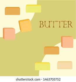 Vector yellow stick of butter. Slices of margarine or spread, fatty natural dairy product. High-calorie food for cooking and eating.