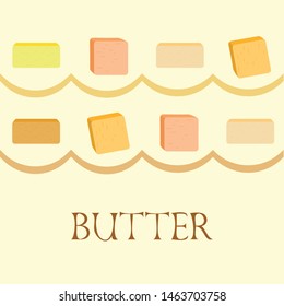 Vector yellow stick of butter. Slices of margarine or spread, fatty natural dairy product. High-calorie food for cooking and eating.