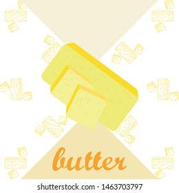 Vector yellow stick of butter. Slices of margarine or spread, fatty natural dairy product. High-calorie food for cooking and eating.