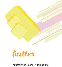 Vector yellow stick of butter. Slices of margarine or spread, fatty natural dairy product. High-calorie food for cooking and eating.
