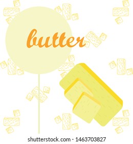 Vector yellow stick of butter. Slices of margarine or spread, fatty natural dairy product. High-calorie food for cooking and eating.