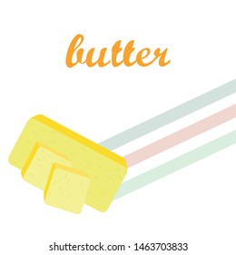 Vector yellow stick of butter. Slices of margarine or spread, fatty natural dairy product. High-calorie food for cooking and eating.