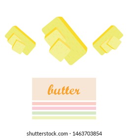 Vector yellow stick of butter. Slices of margarine or spread, fatty natural dairy product. High-calorie food for cooking and eating.
