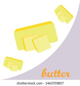 Vector yellow stick of butter. Slices of margarine or spread, fatty natural dairy product. High-calorie food for cooking and eating.